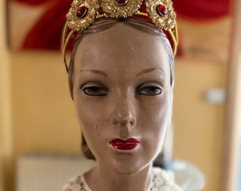 Handmade Antique gilt gold tiara/headband with red cabochon