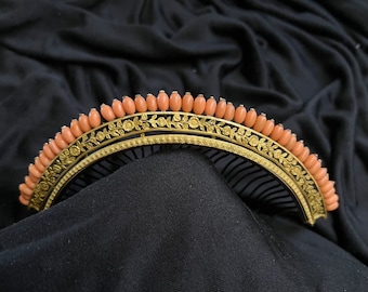 Restored Regency period fire gilded tiara comb with faux coral beads