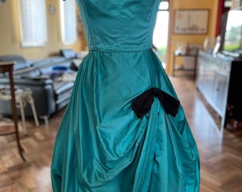 1950s silk satin teal cocktail dress with swag skirt