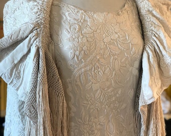 Early 1900s hand embroidered silk crepe cream wedding dress with matching shawl cape