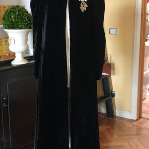 Lush 1940s silk velvet long coat with shoulder sequin burst of flowers