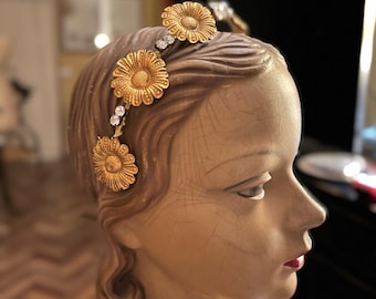 Antique gilt flower and rhinestone headpiece