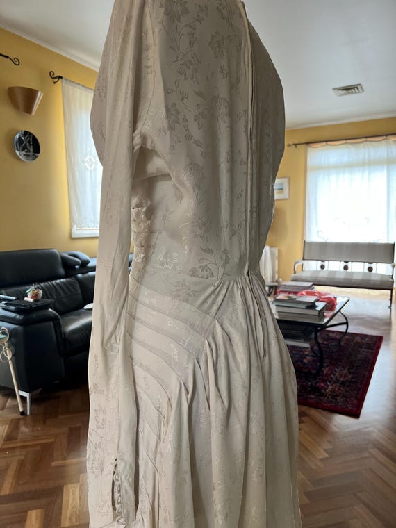 1930s vintage wedding dress, shimmering pearly vanilla liquid satin sheath gown, medium