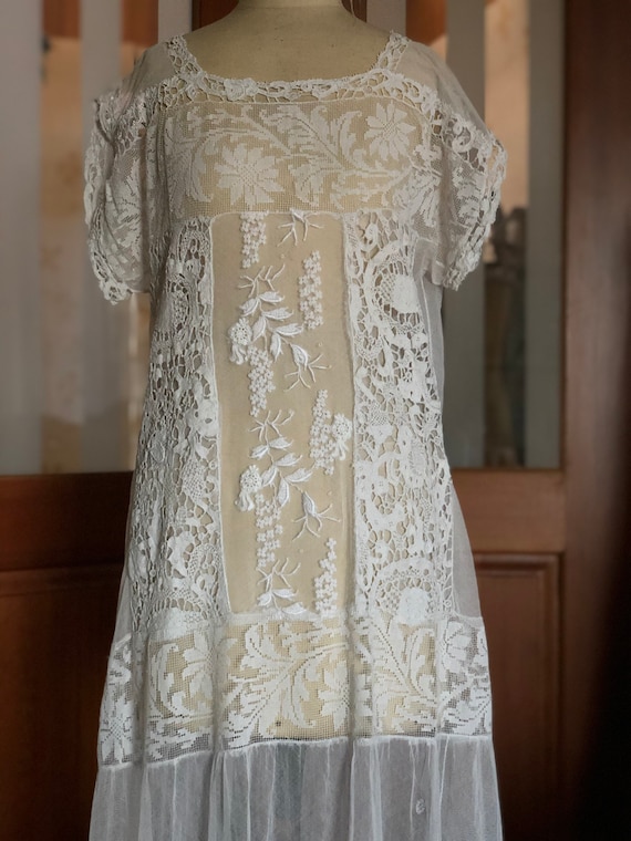 1920s embroidered tulle and lace bride dress