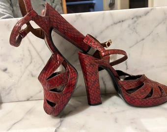 70s does 40s blood red snakeskin platform 5” heel shoes