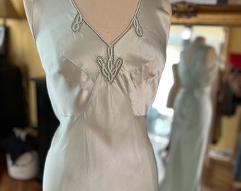 1930s silk satin mint nightgown with feature embroidery