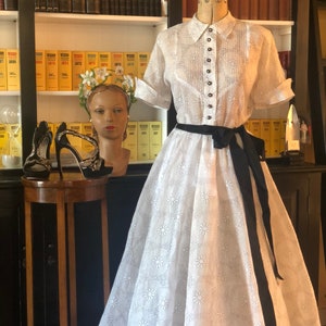 1950s printed organza fit and flair dress