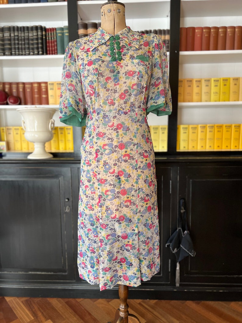 1930s White and Blue Chiffon Dress