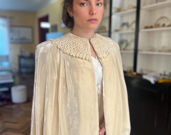 1930s cream silk velvet embellished wedding cape