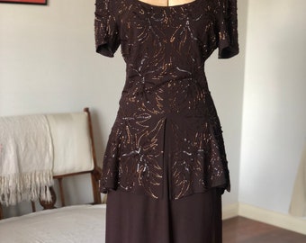 1940s chocolate brown sequinned crepe Herman Becker cocktail dress with peplum