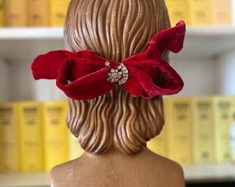 Handmade red velvet wired headpiece with vintage rhinestones