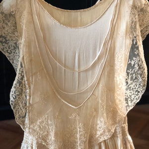 1920s butter silk and blonde lace bride dress with shirring, net lace and Maltese lace