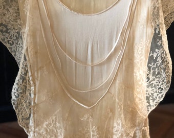 1920s butter silk and blonde lace bride dress with shirring, net lace and Maltese lace