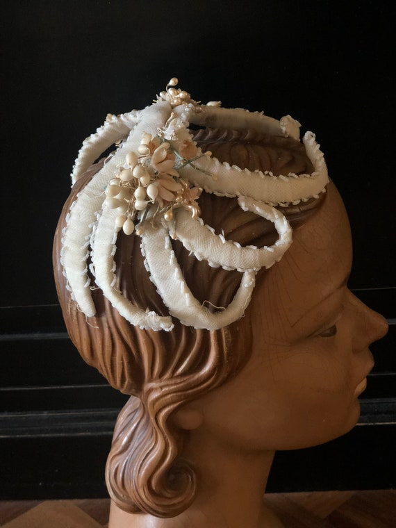 Handmade Tulle, Bead and Wax Flower Headpiece Possibly 40s  display picture 3