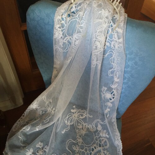1920s embroidered cornelli work cotton tulle wedding shops scarf/veil