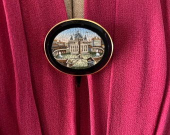 Micro-mosaic antique Rome Vatican gold brooch from 1877 with inscription