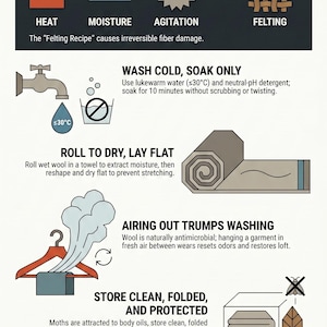 May include: Infographic titled "The Wool Longevity Masterclass" with instructions on wool care. Includes steps for washing, drying, and storing wool items to prevent damage. The image also shows how to avoid felting.
