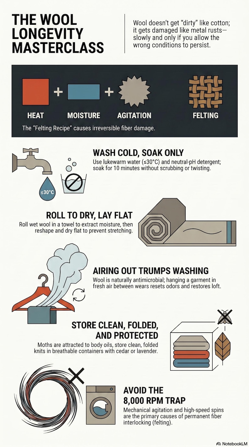 May include: Infographic titled "The Wool Longevity Masterclass" with instructions on wool care. Includes steps for washing, drying, and storing wool items to prevent damage. The image also shows how to avoid felting.