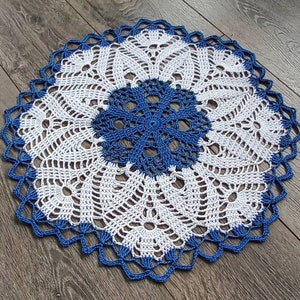 Blue & White Crochet Cotton Doily: 16 Inch Lace Table Centerpiece