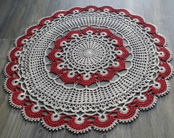 Red & White Crochet Doily: 26" Cotton Lace Tablecloth