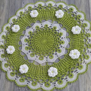 Doily/26inch doily/cotton green- white doily/with flowers,pearls/tablecloth/home decor/Easter gift,decor/Mothers day gift/crochet lace doily