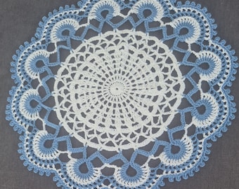 Crochet Doily: 13 inch White & Blue Cotton Table Centerpiece