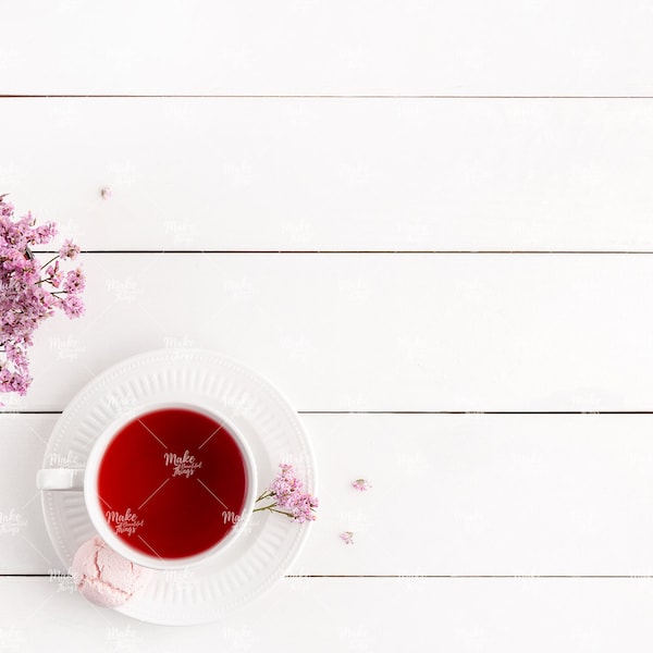 Cup of tea and flowers flatlay / Styled stodk photography / Tea cup flat lay / minimalist tea cup flatlay