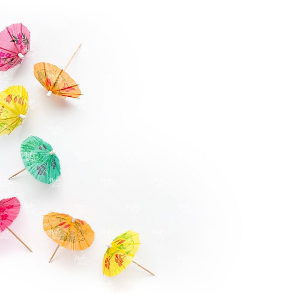 Cocktail drink umbrellas stock photography / Cocktail drink umbrellas flatlay / Paper umbrellas top view