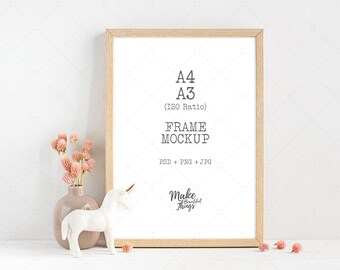 A3, A4 wooden nursery frame mockup. Iso ratio Frame mockup. PSD, PNG and JPG files included