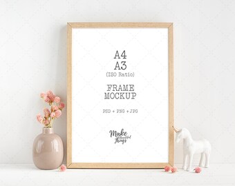 A3, A4 wooden nursery frame mockup. Iso ratio Frame mockup. PSD, PNG and JPG files included