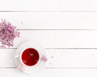 Cup of tea and flowers flatlay / Styled stodk photography / Tea cup flat lay / minimalist tea cup flatlay