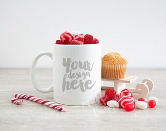 Download Free White mug mockup / Styled stock photography / Instant download / Mugs for Holidays / Christmas candy theme PSD Template