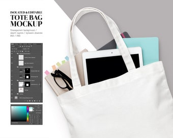 Isolated canvas tote bag mockup / Fully customizable / PNG+JPG+PSD layered files included