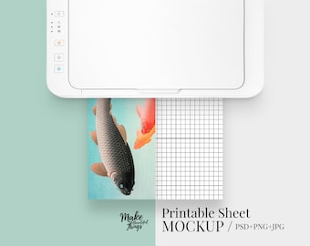 Printer and sheets mockup with PSD, JPG and PNG files included / 8.5x11 inches and A4 size included
