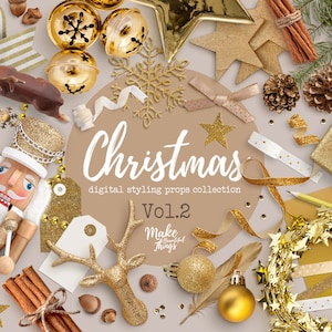 Può includere: Una collezione di decorazioni natalizie dorate e marroni, tra cui ornamenti, nastro, uno schiaccianoci, una renna, bastoncini di cannella e una stella. Il testo "Christmas" e "Vol.2" è visibile nell'immagine.