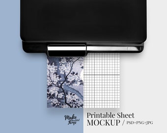 Printer and sheets mockup with PSD, JPG and PNG files included / 8.5x11 inches and A4 size included