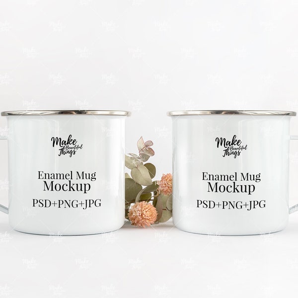 Two White enamel mugs mockup / Campfire mugs mockup / Two white mugs mockups