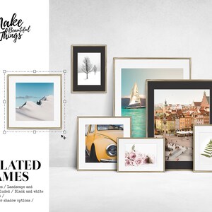May include: A mockup of 10 different sized picture frames with various images inside. The frames are all gold and have a white mat. The images include a snowy mountain scene, a sailboat on the water, a city scene, a yellow car, a bouquet of flowers, and a fern.