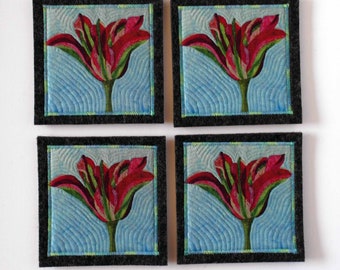 set of 4 coasters with tulips, dark grey
