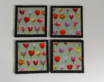 set of 4 coasters with small tulips (green fabric)