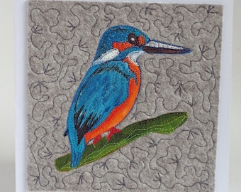 King fisher, art quilt on greeting card