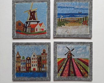 set of 4 coasters, windmill, tulip fields, houses and dunes, light grey