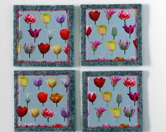 set of 4 coasters with small tulips (light grey fabric)