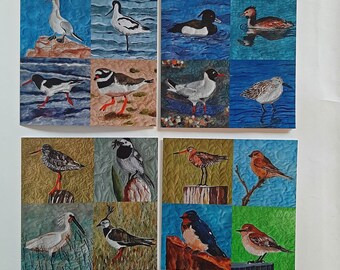 set of 4 printed cards with 16 different birds