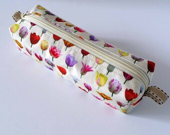 pencil case, yellow with small tulips