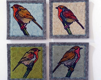 set of 4 light grey coasters with birds (robin)