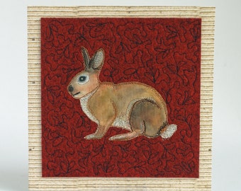 Rabbit, art quilt on greeting card