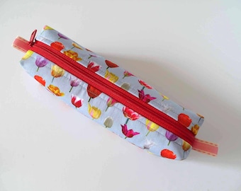 pencil case, grey with small tulips