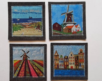 set of 4 coasters tulip fields, windmill, houses and dunes, dark grey