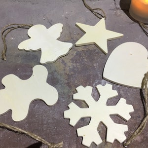 Wooden Christmas Decorations - Heart, Star, Gingerbread Man, Angel, Snowflake - Hanging Decorations